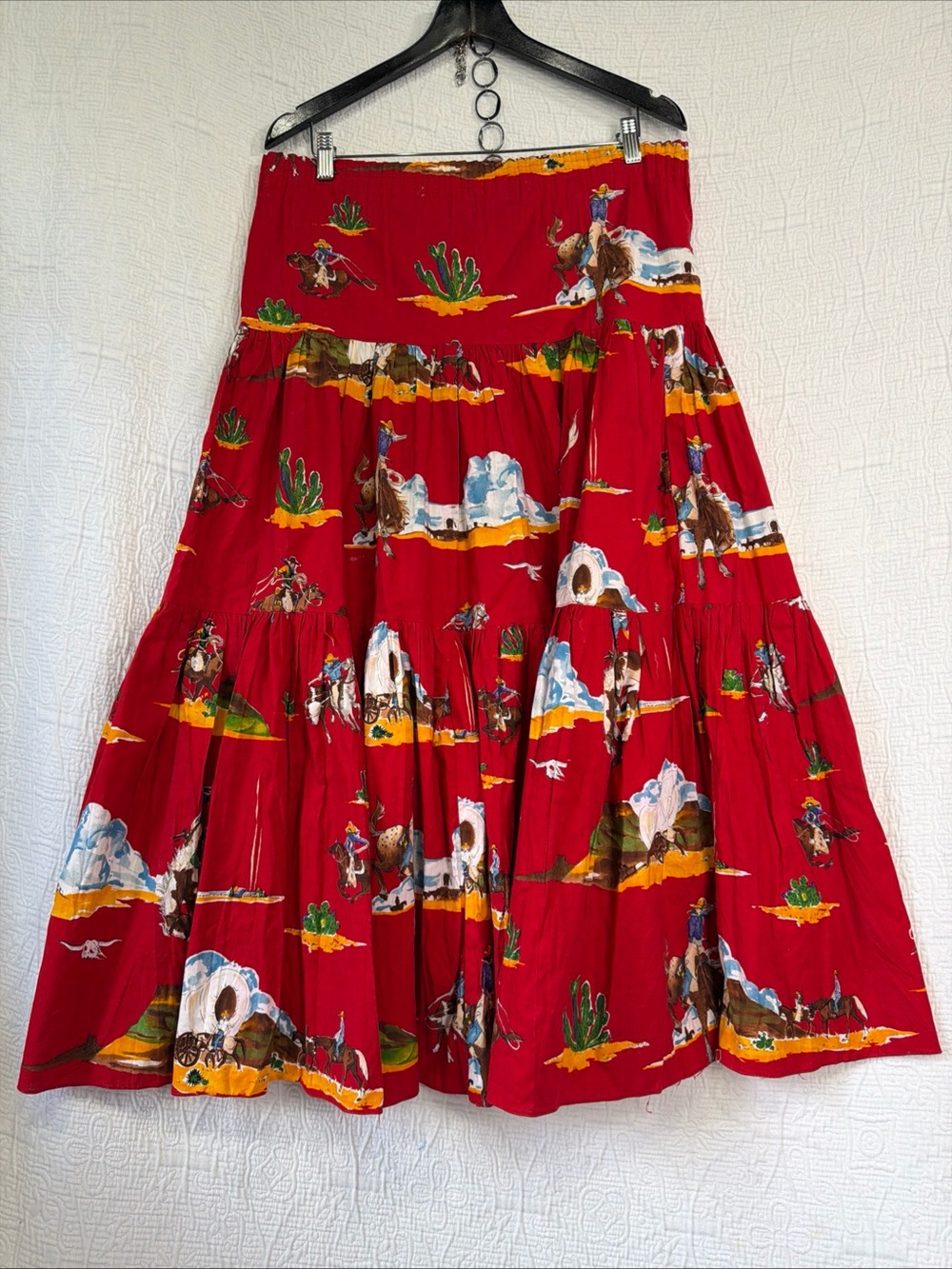 Vintage Western Skirt Vaccaro Cowboy Camp Tiered Red Long Maxi NEEDS WAISTBAND